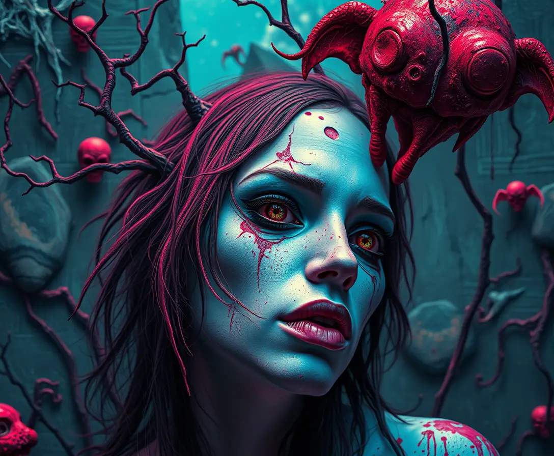 Surreal eyeless fantasy figure in a pop surrealism world