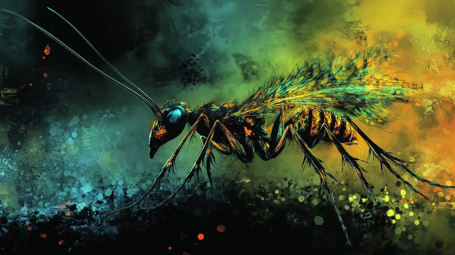 Surreal abstract ant with grass body on dark vibrant background