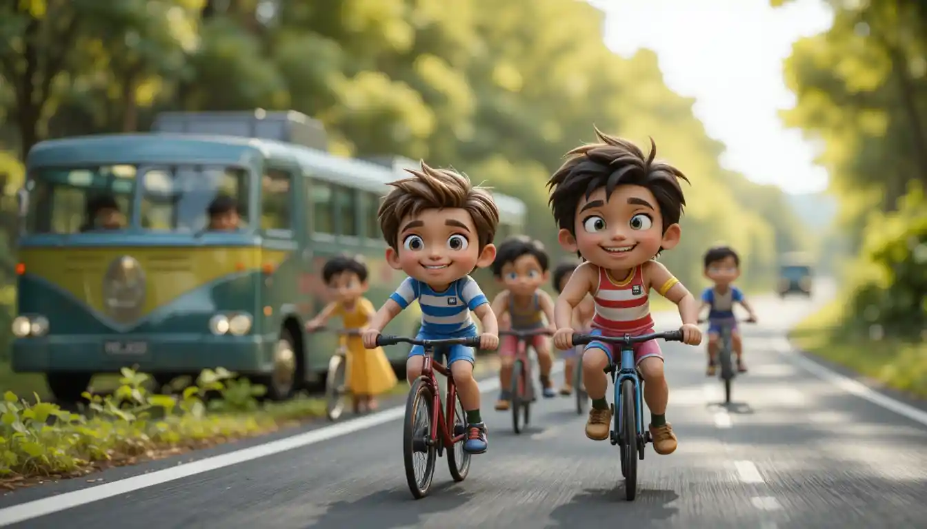 Playful clay characters riding a summer bus on highway