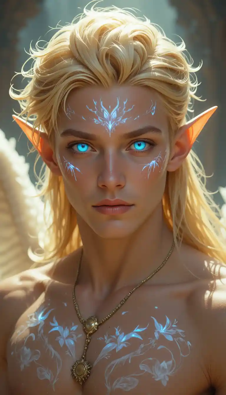 Young angelic warrior with glowing blue eyes and wings