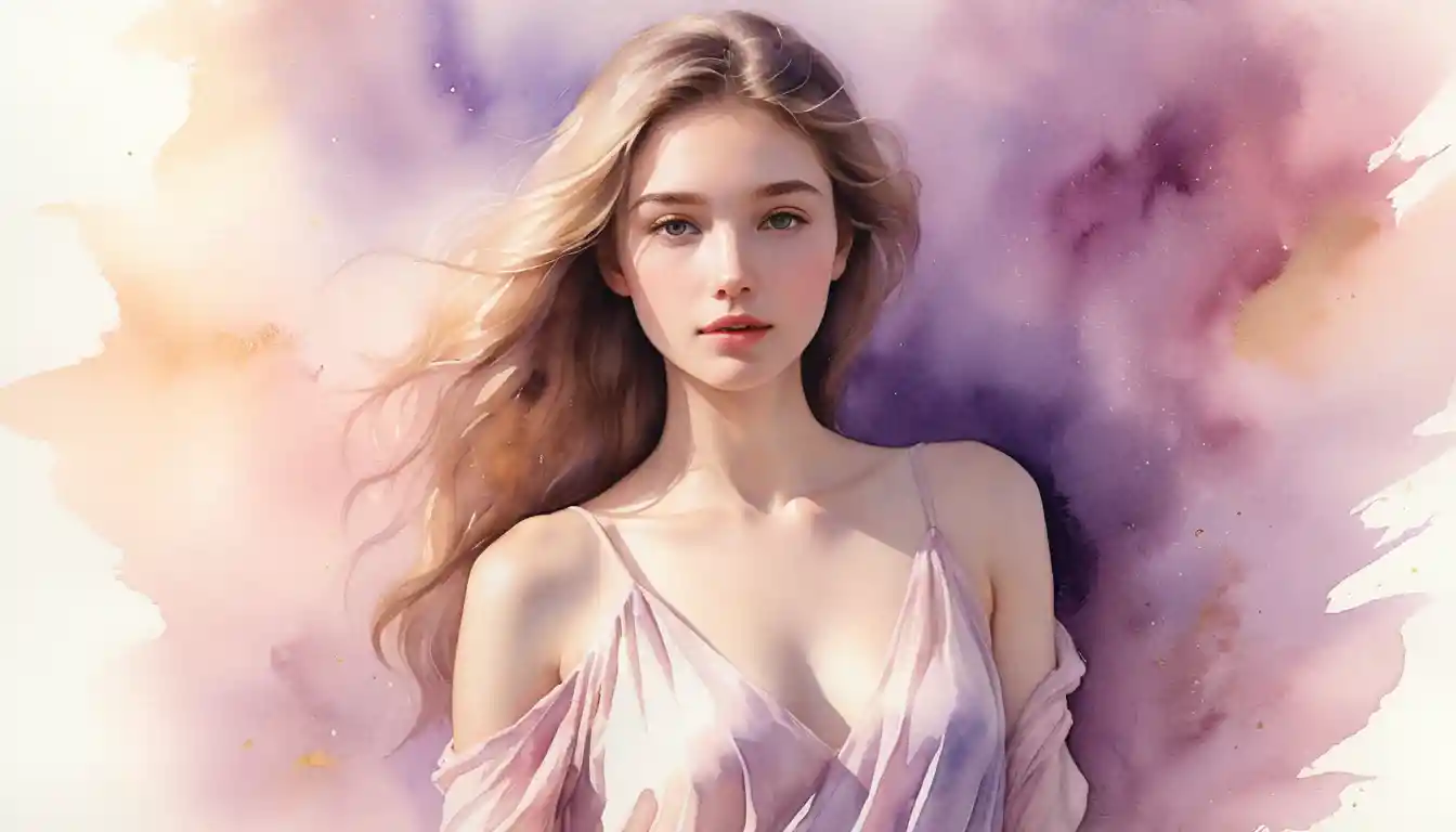 Young woman fading into glowing watercolor light