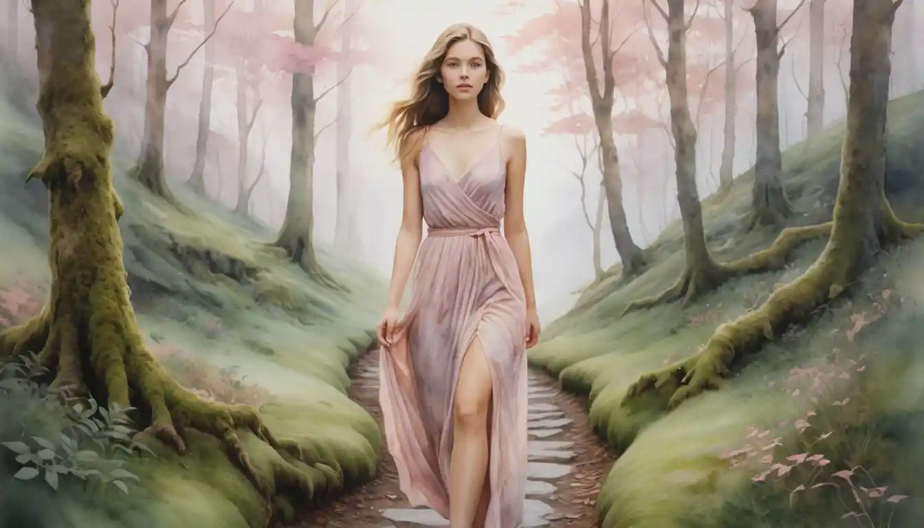 Watercolor girl walking along a serene forest path