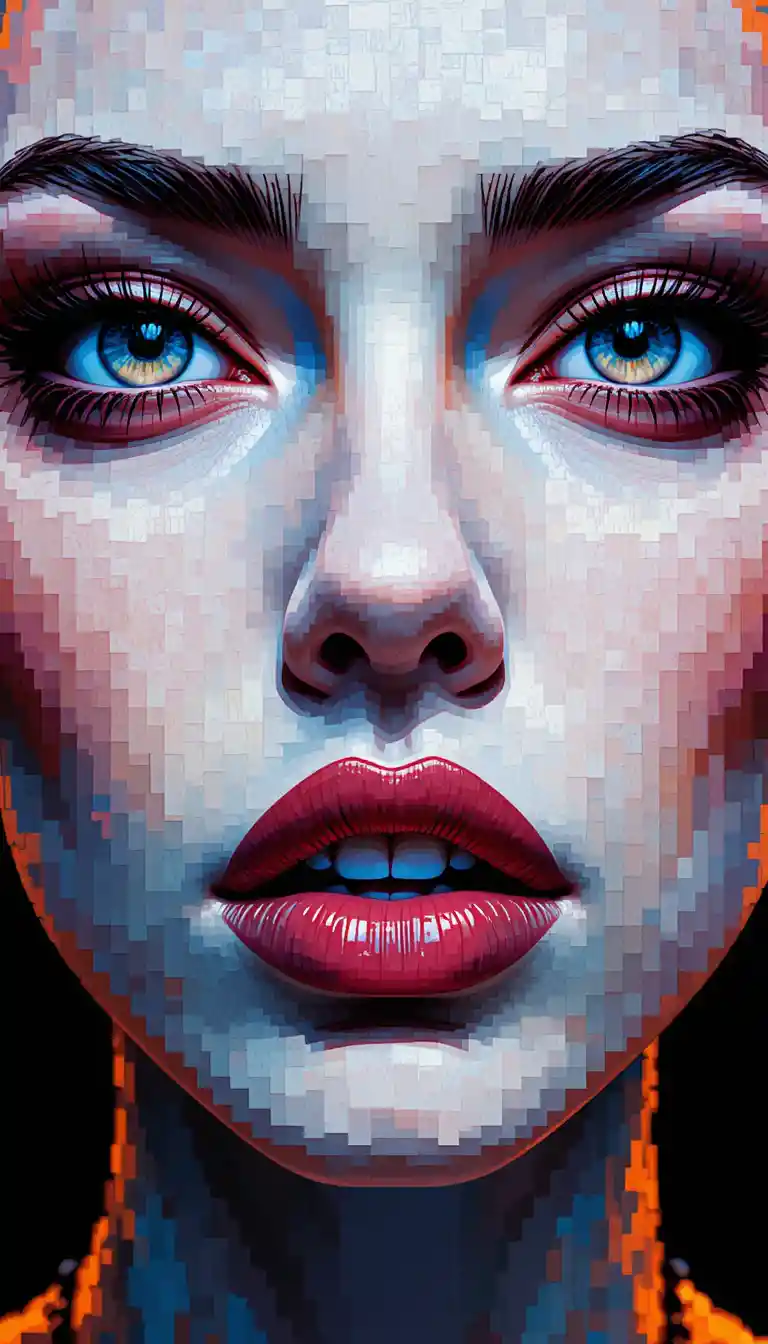 Ritratto pixelato di donna cyberpunk in colori vividi e contrastanti
