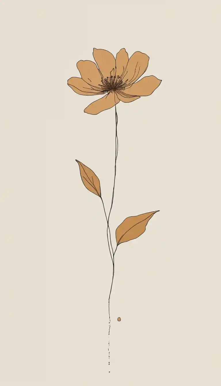 Minimal line flower outline with luminous ochre watercolor glow