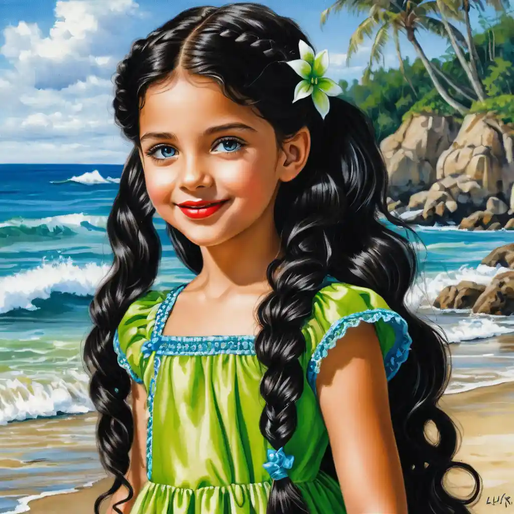 Smiling girl with long braided hair in lime green dress