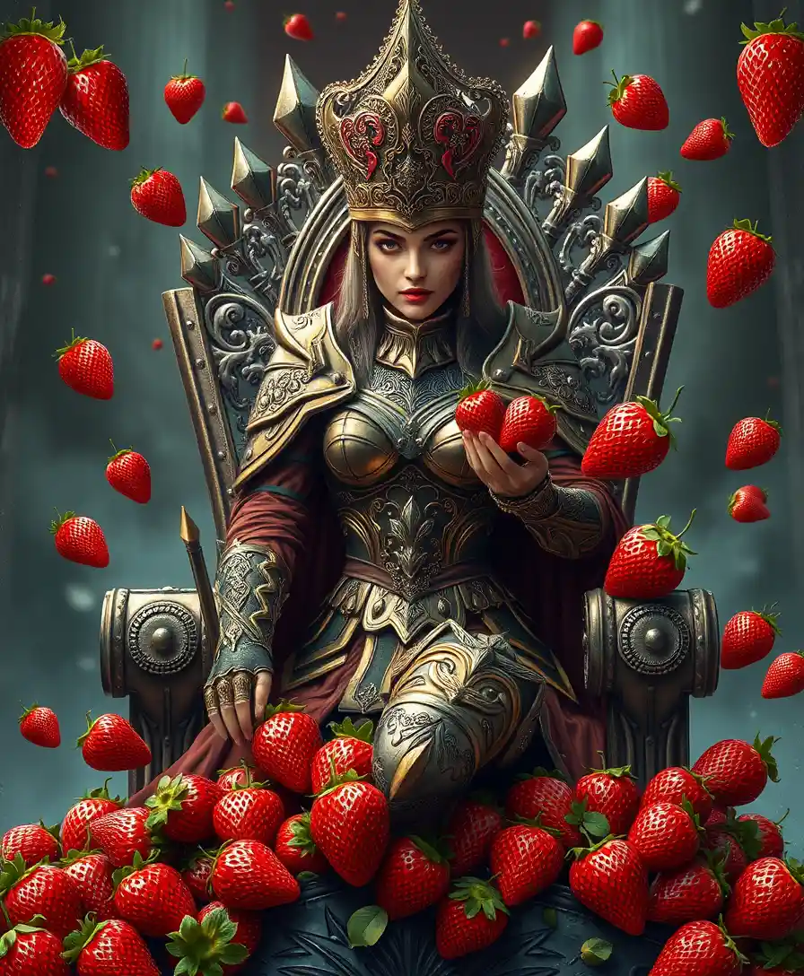 Warrior queen on a surreal life and death throne with strawberries