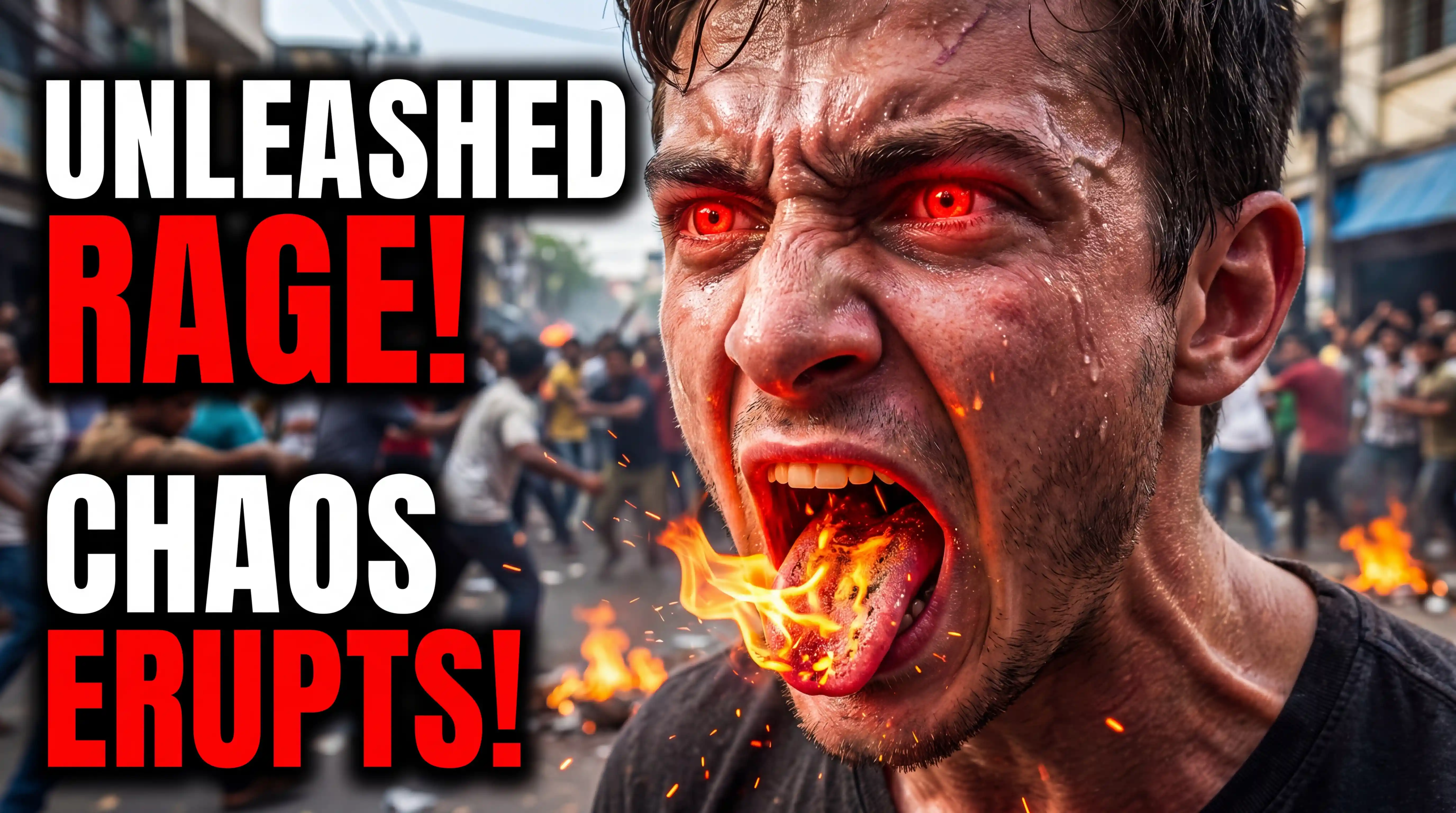 Raging man close up with fiery mouth and glowing eyes