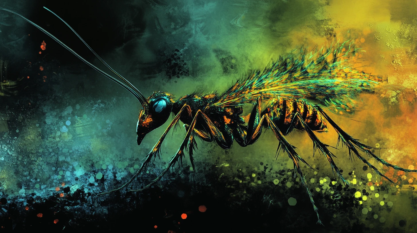 Surreal abstract ant with grass body on dark vibrant background
