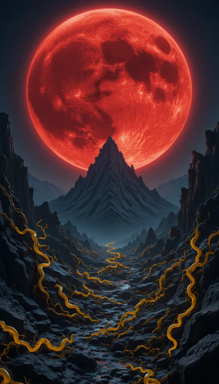 Massive red moon over a jagged alien mountain landscape