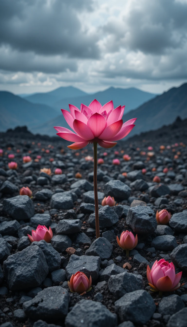 Pink lotus blooming among dark volcanic rocks and clouds