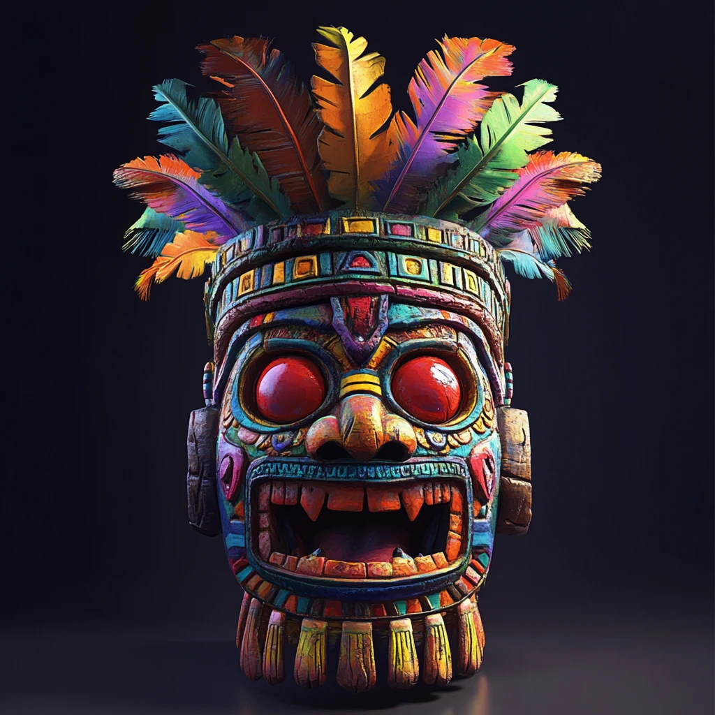 Colorful 3D Aztec mask with demonic red eyes and grin