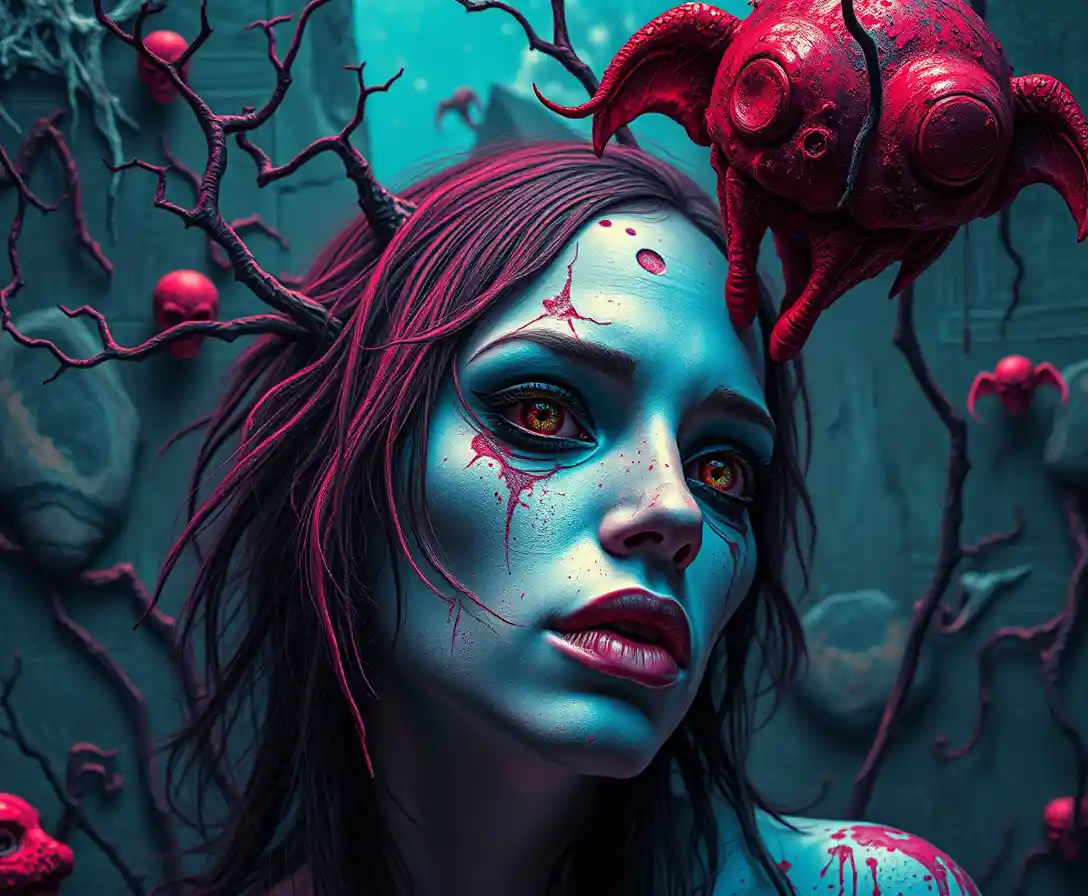 Surreal eyeless fantasy figure in a pop surrealism world