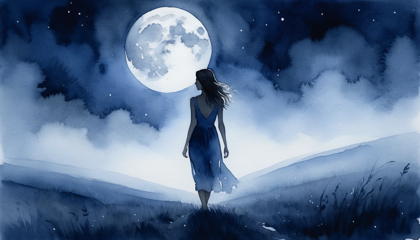 Watercolor girl walking through a misty moonlit field