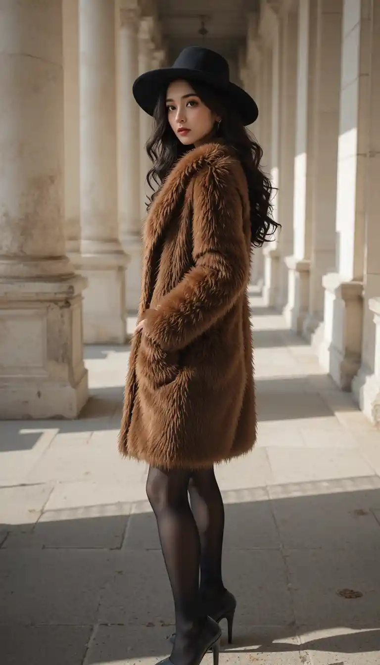 Stylish woman in fur coat under sunlit colonnade