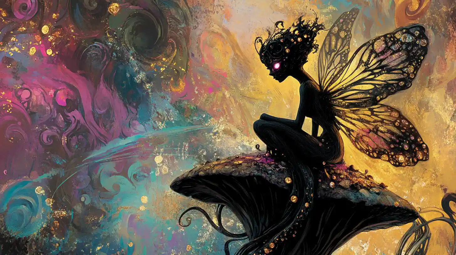 Dark faerie woman on twisted mushroom in glowing colors
