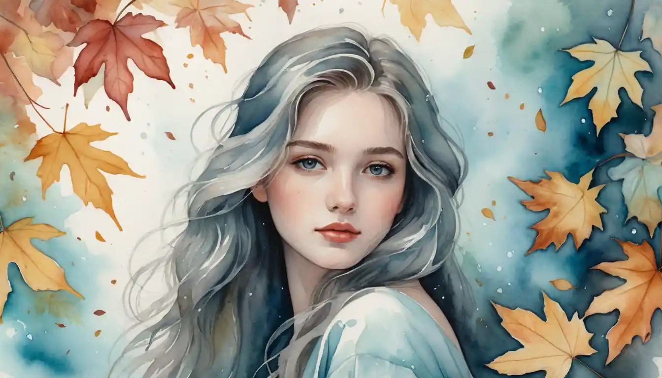 Watercolor girl fading into teal and silver abstract background