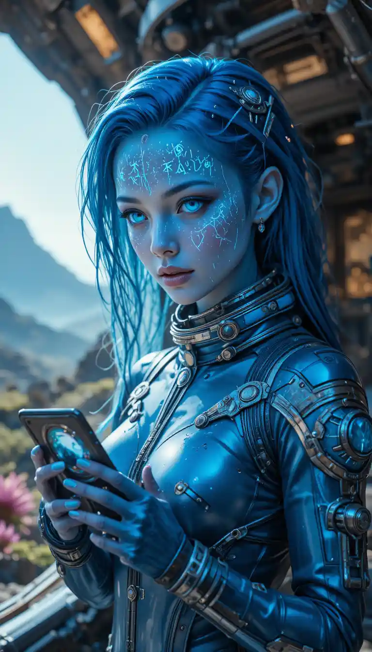 Alien woman studying a holographic solar system map