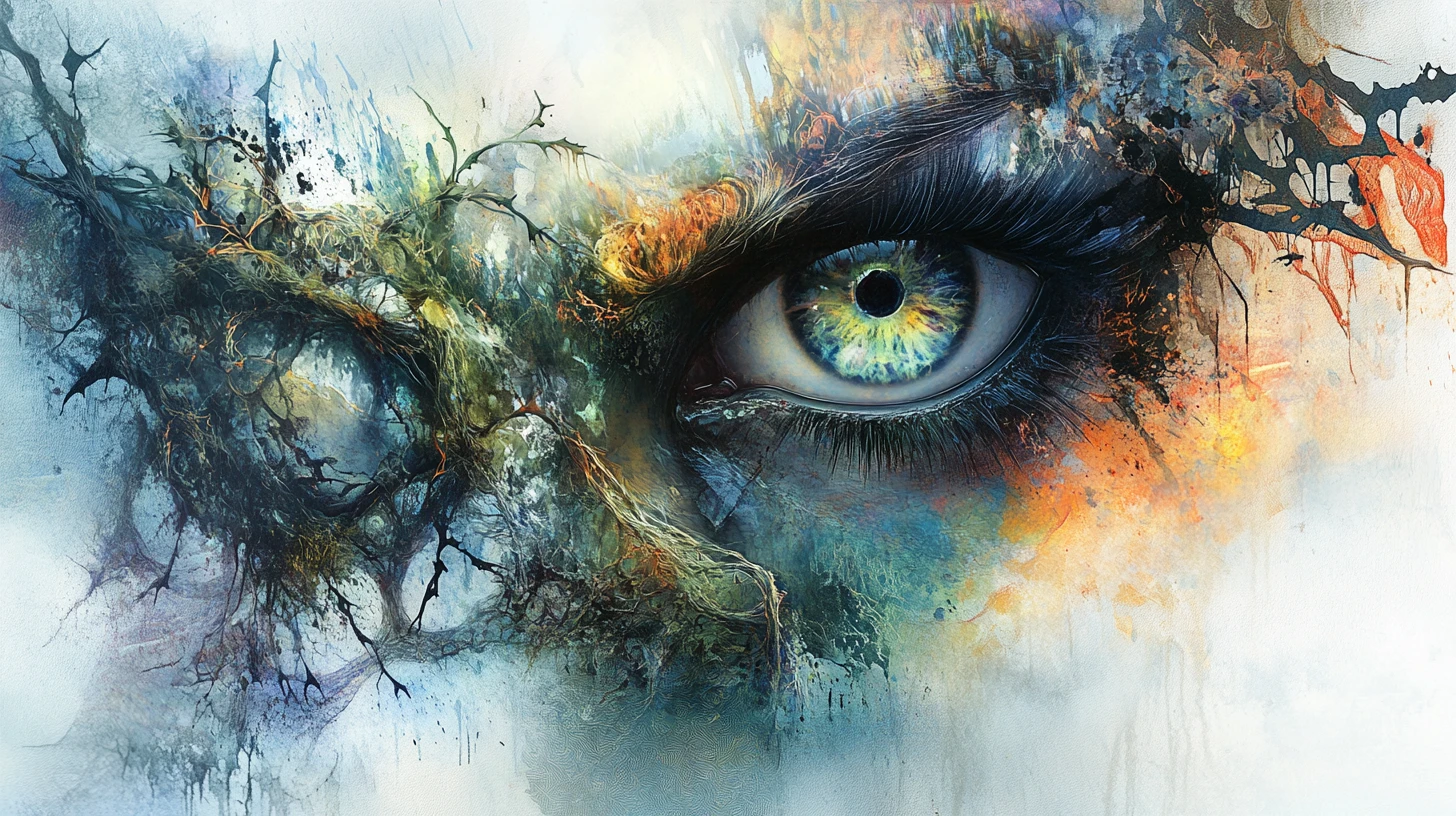 Surreal dragonfly eyed portrait on thorny abstract canvas