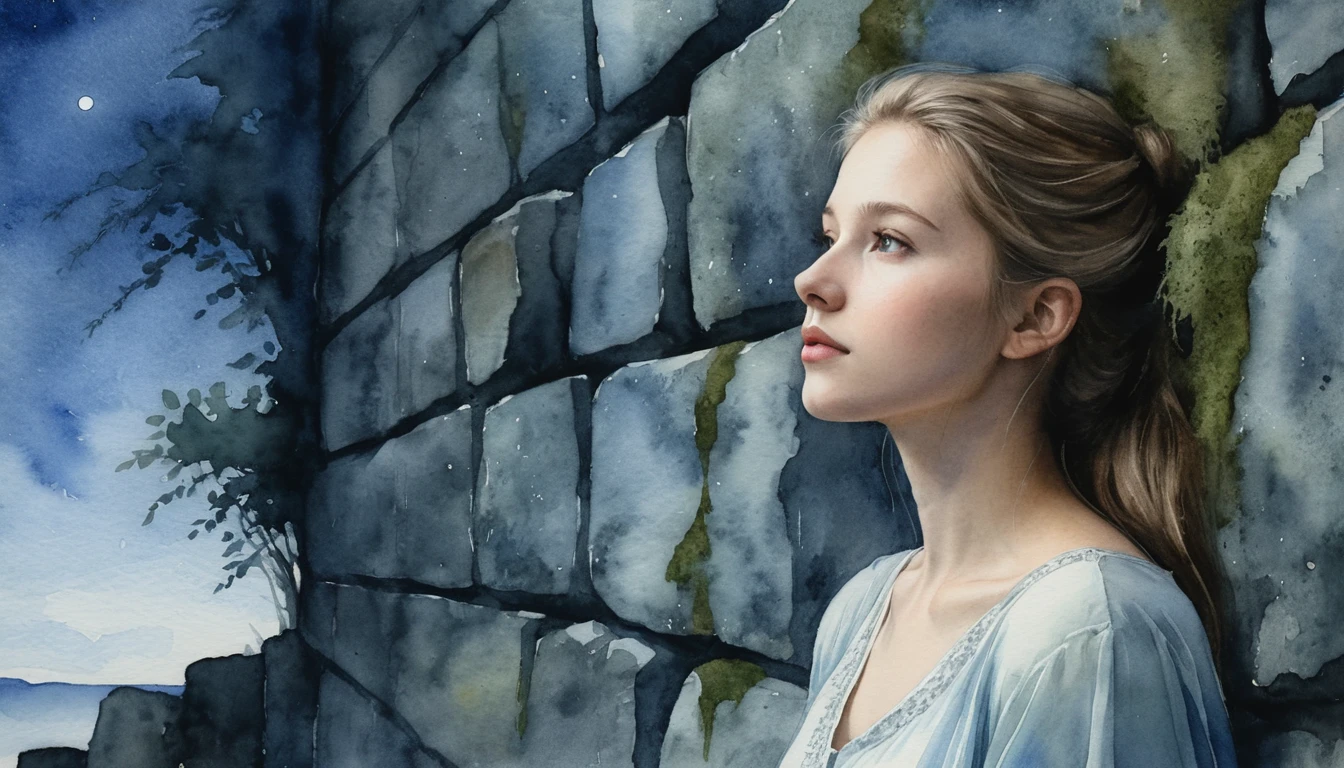 Watercolor portrait of a young woman by a stone wall