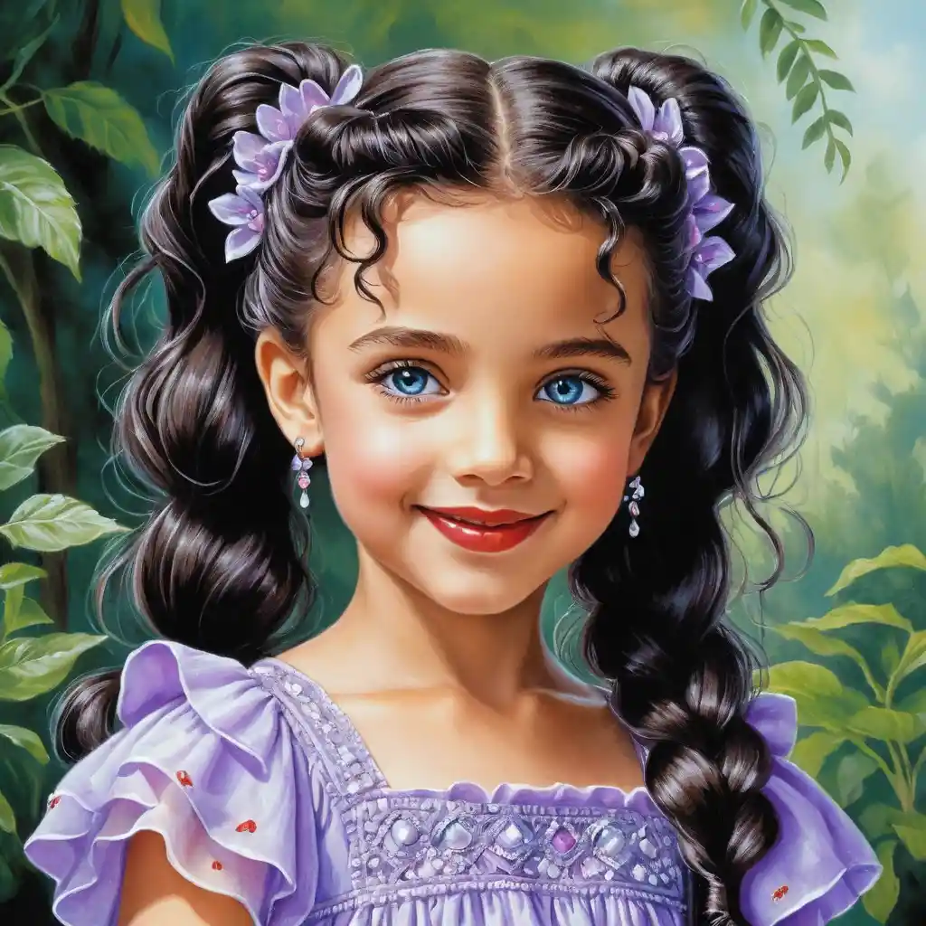Smiling girl with long curly hair in lavender dress
