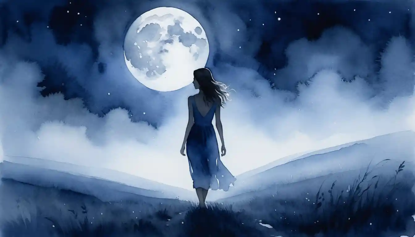 Ragazza ad acquerello che cammina in un campo nebbioso al chiaro di luna