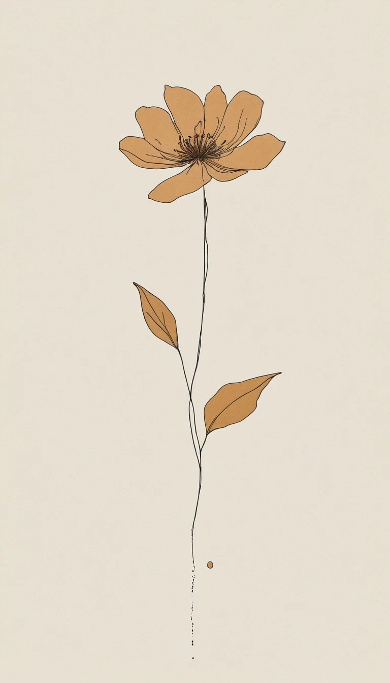 Minimal line flower outline with luminous ochre watercolor glow