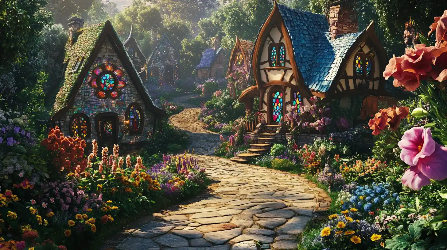 Whimsical fantasy village garden with winding stone path