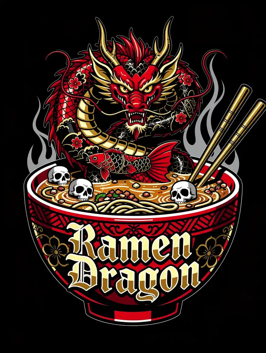 Gothic Ramen Bowl With Dragon And Skulls Tattoo Design