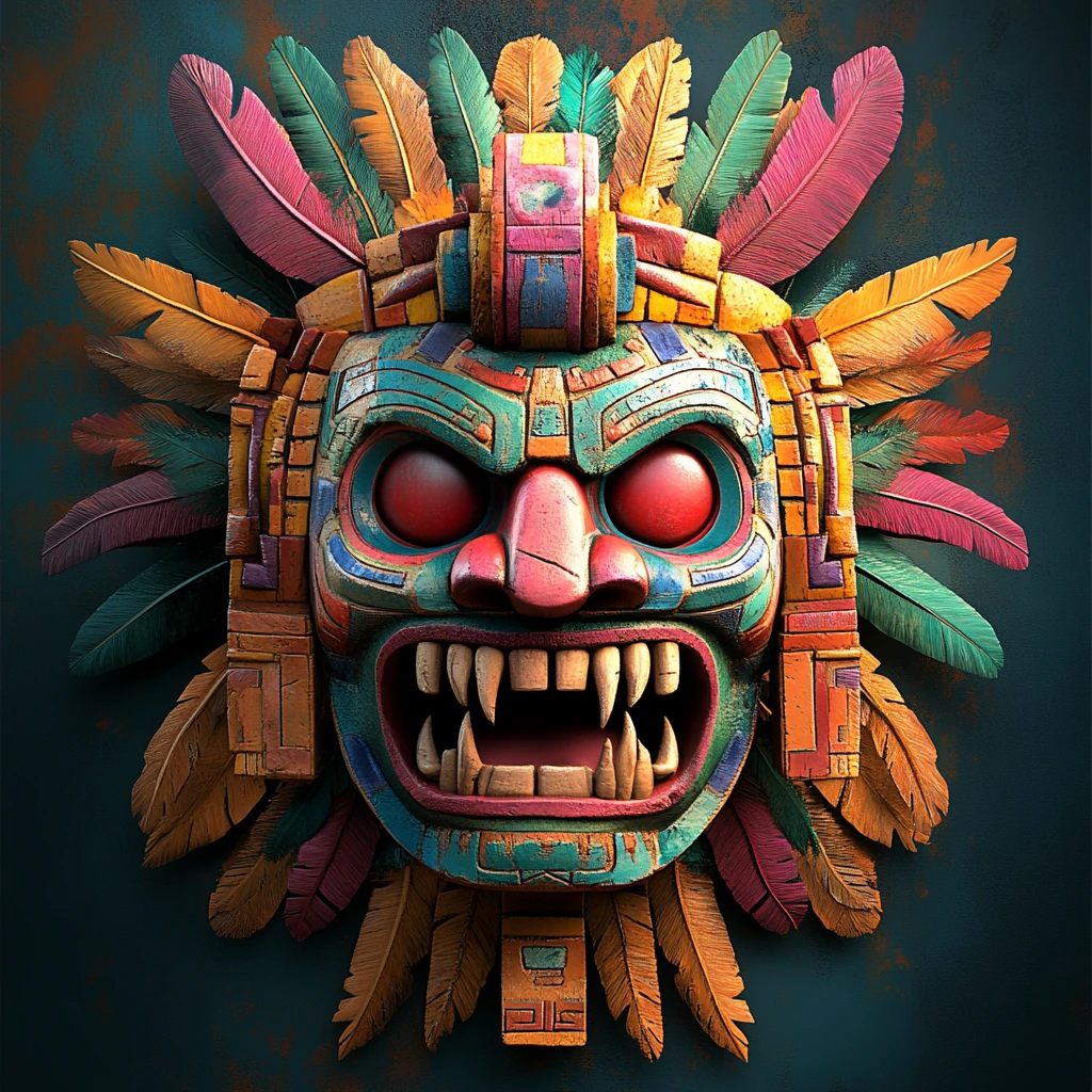 Colorful 3D Aztec mask with demonic red eyes and feathers