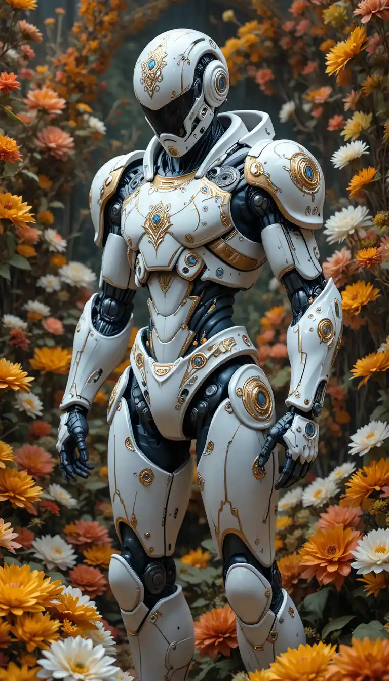 Armored humanoid robot among vibrant autumn flowers