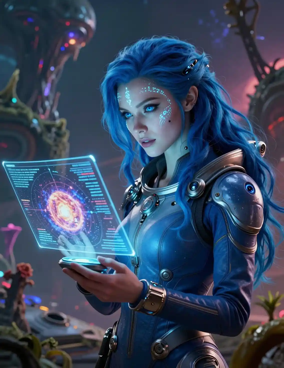 Alien woman studying holographic star map on strange planet