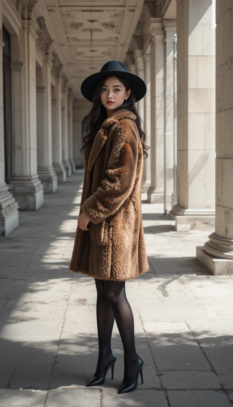 Stylish woman in fur coat under sunlit colonnade shadows