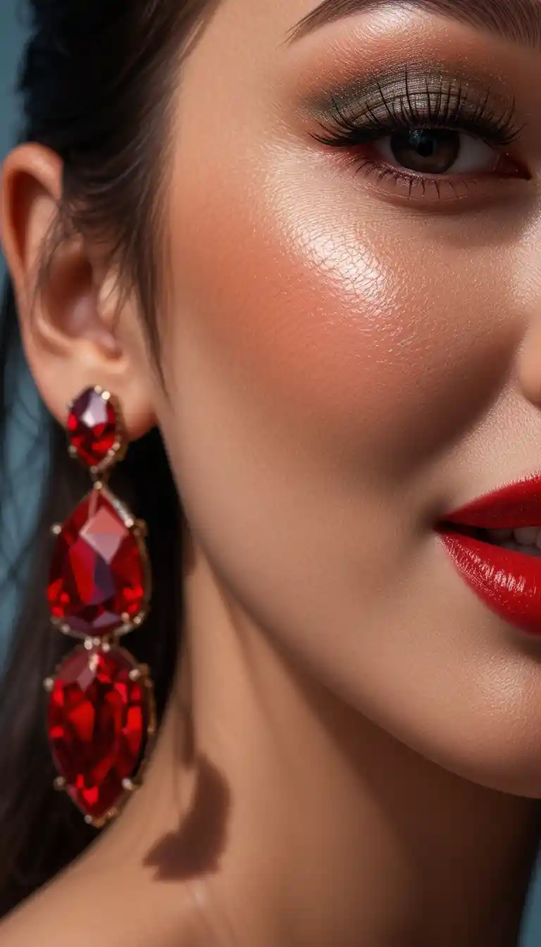 Extreme close up of glossy red lips and white teeth