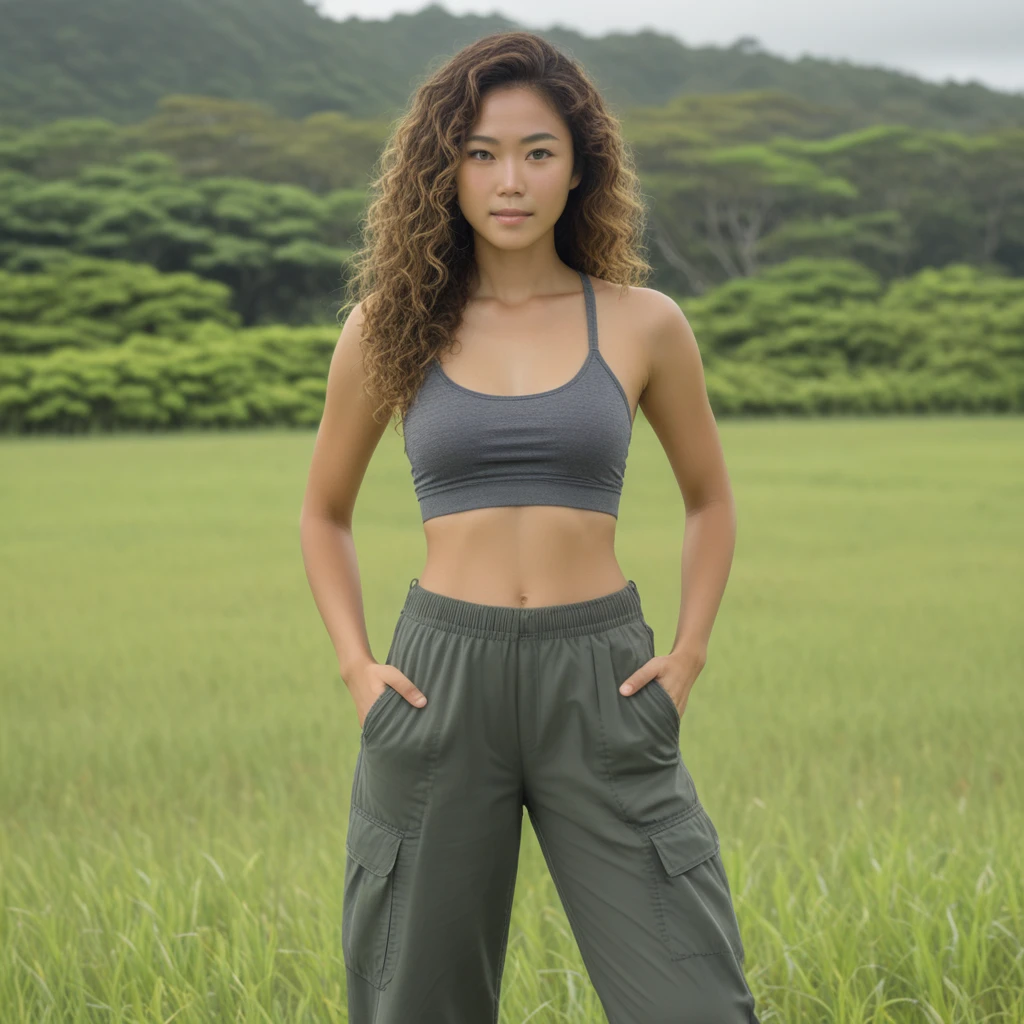 Donna di Okinawa in piedi in un campo in una giornata nuvolosa
