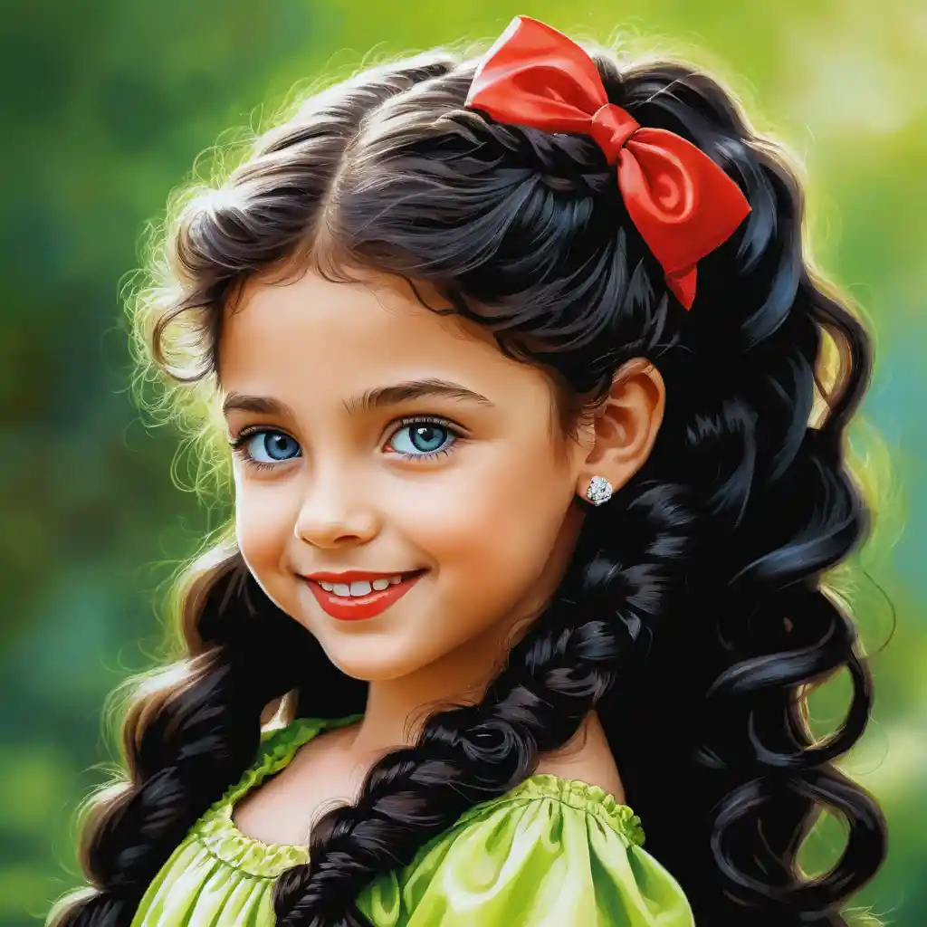 Smiling girl with long curly hair in green summer dress