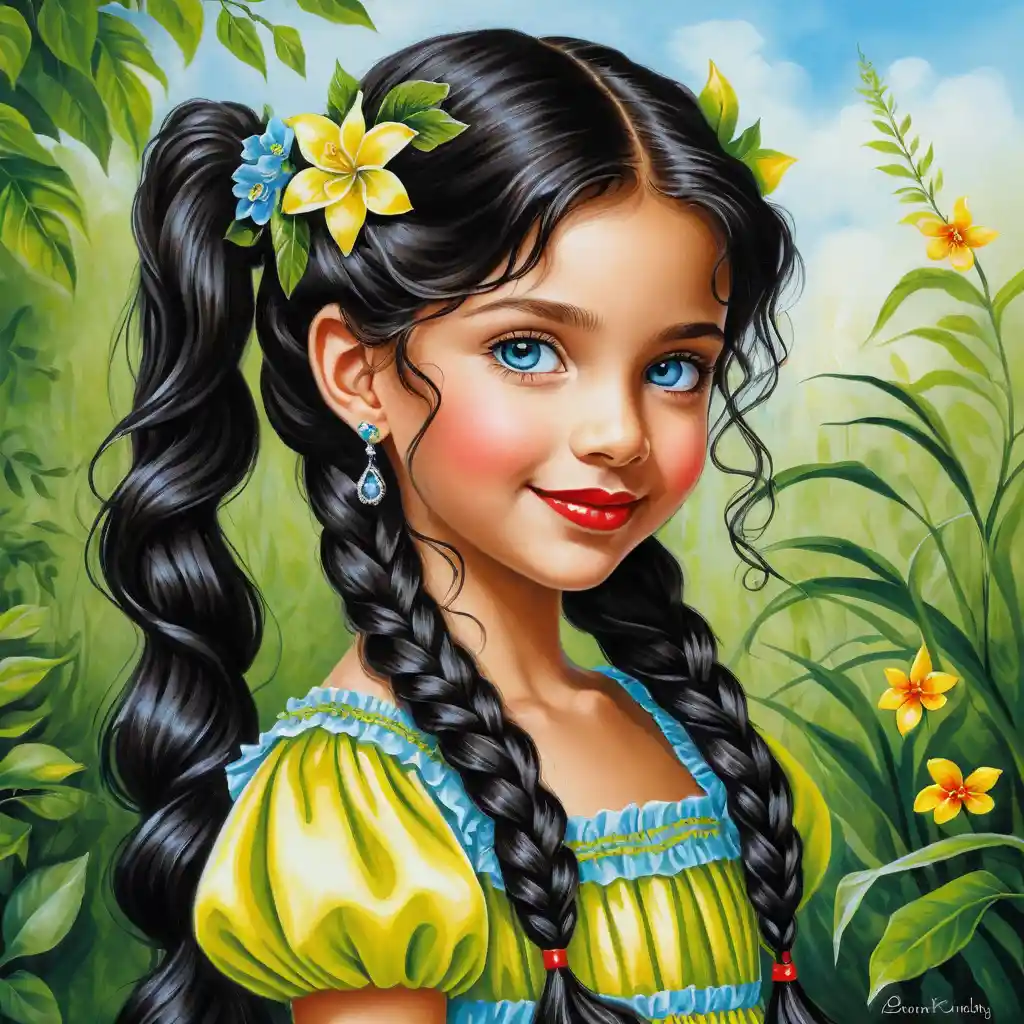 Smiling girl with curly black hair in green summer dress