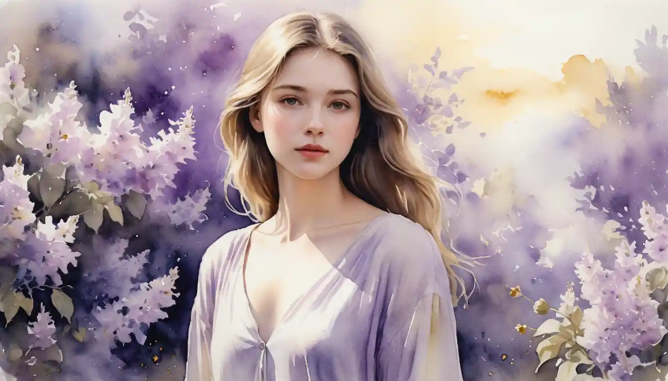 Young woman in a soft watercolor garden scene