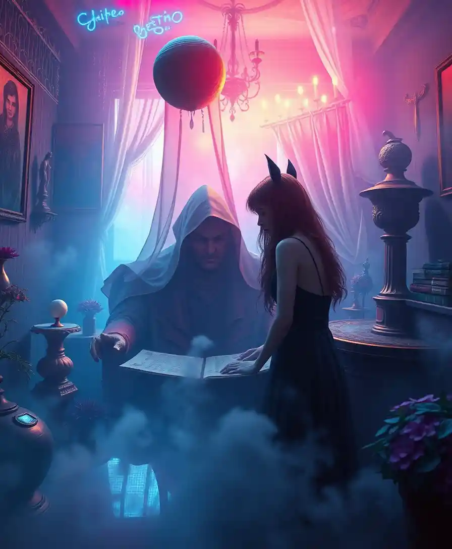Surreal popsurrealist scene of an enigmatic unexpected guest