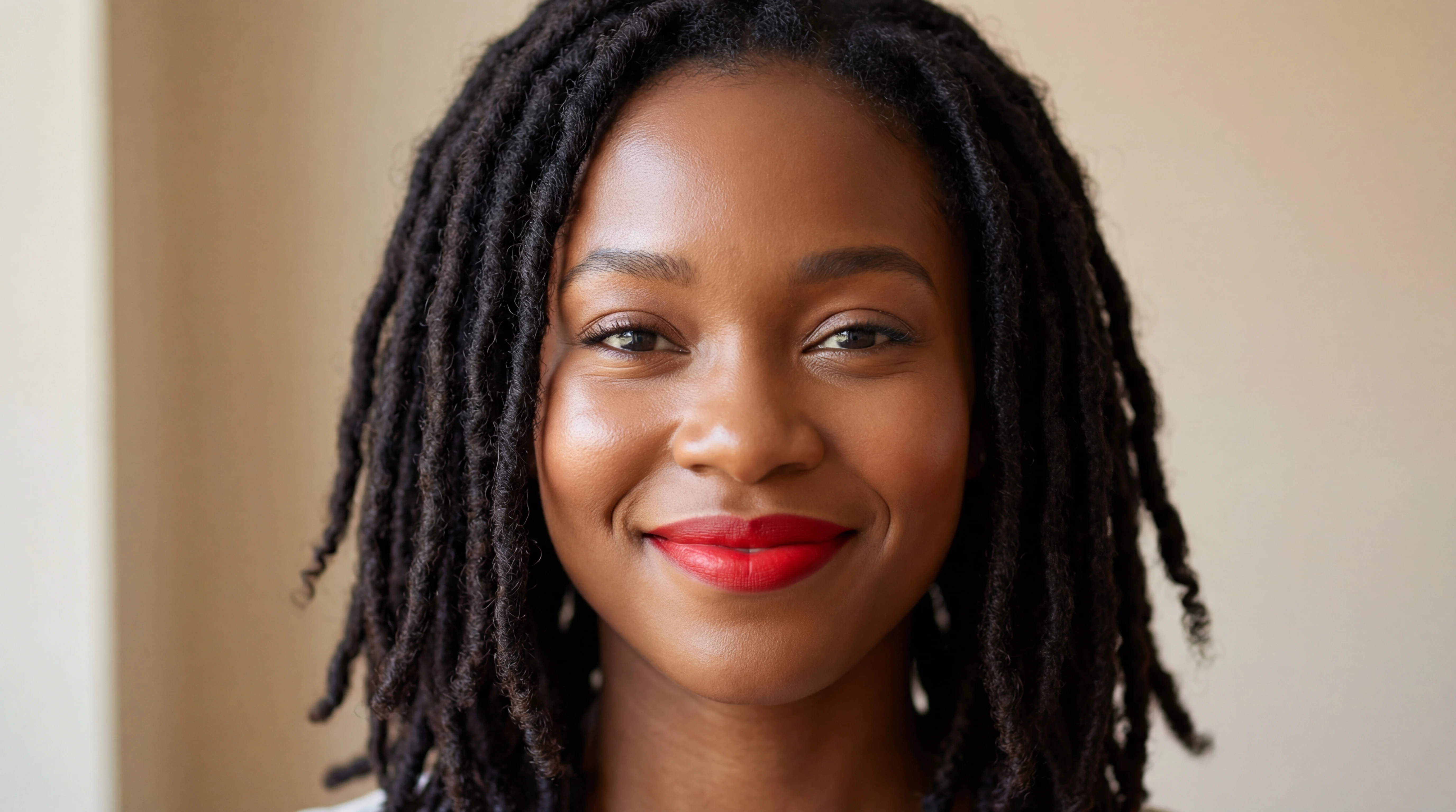 Smiling Black woman portrait with red lipstick and locs
