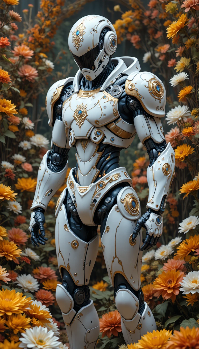 Armored humanoid robot among vibrant autumn flowers