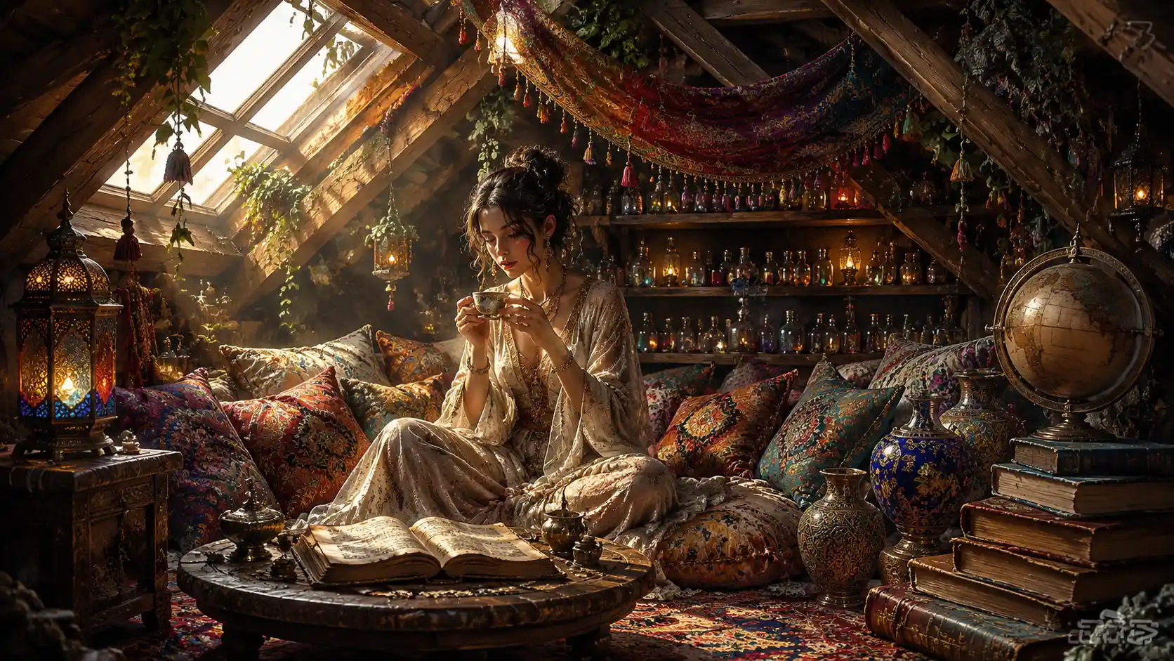 Woman drinking tea on cushions in a cozy attic room