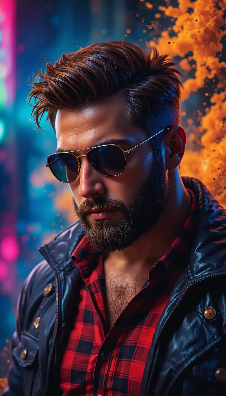 Bearded man in aviator sunglasses against colorful abstract backdrop