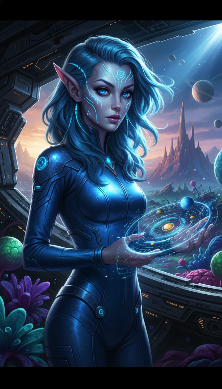 Alien woman studying holographic star map on strange planet
