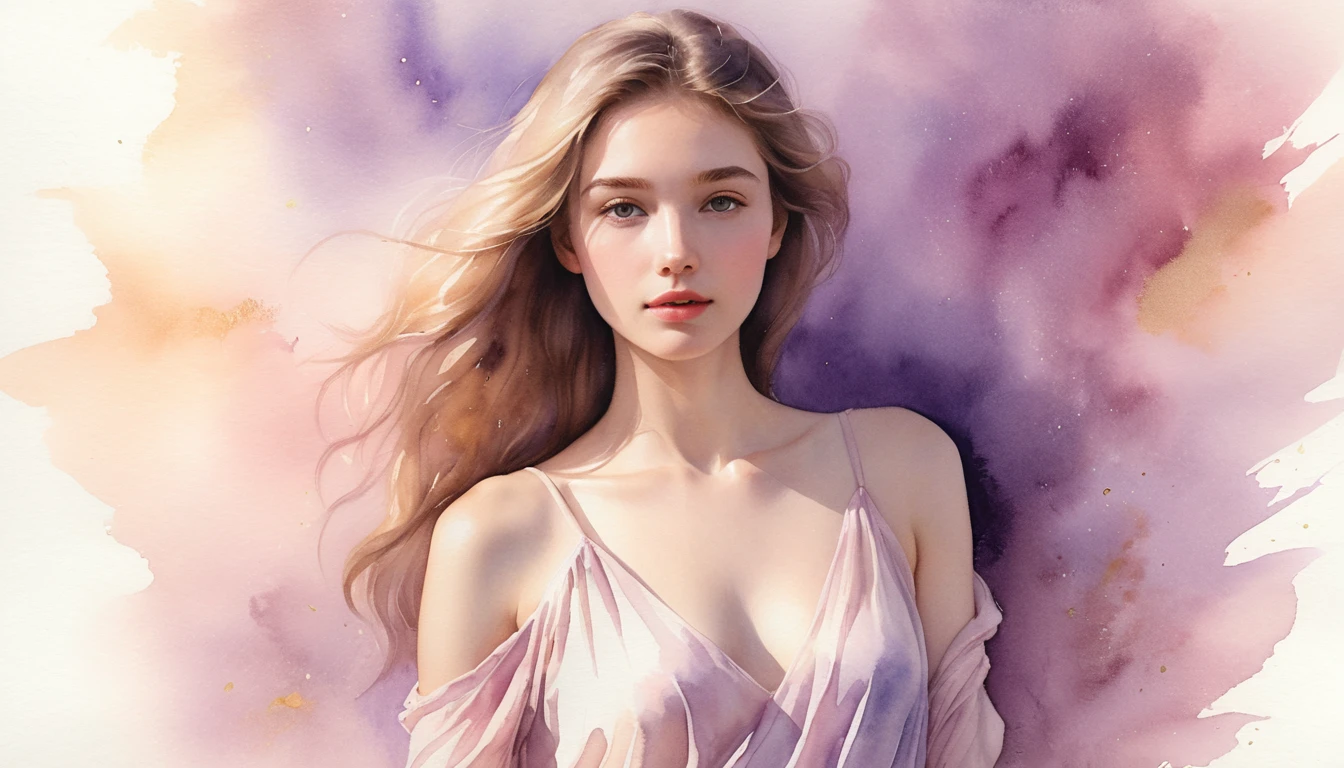 Young woman fading into glowing watercolor light