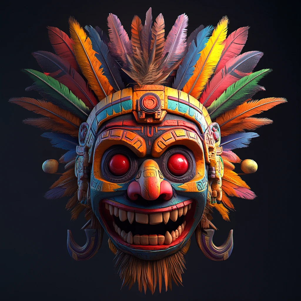 Colorful 3D Aztec mask with demonic red eyes and feathers