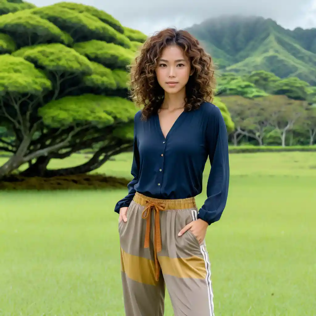 Tan skinned woman standing in a field on a cloudy day