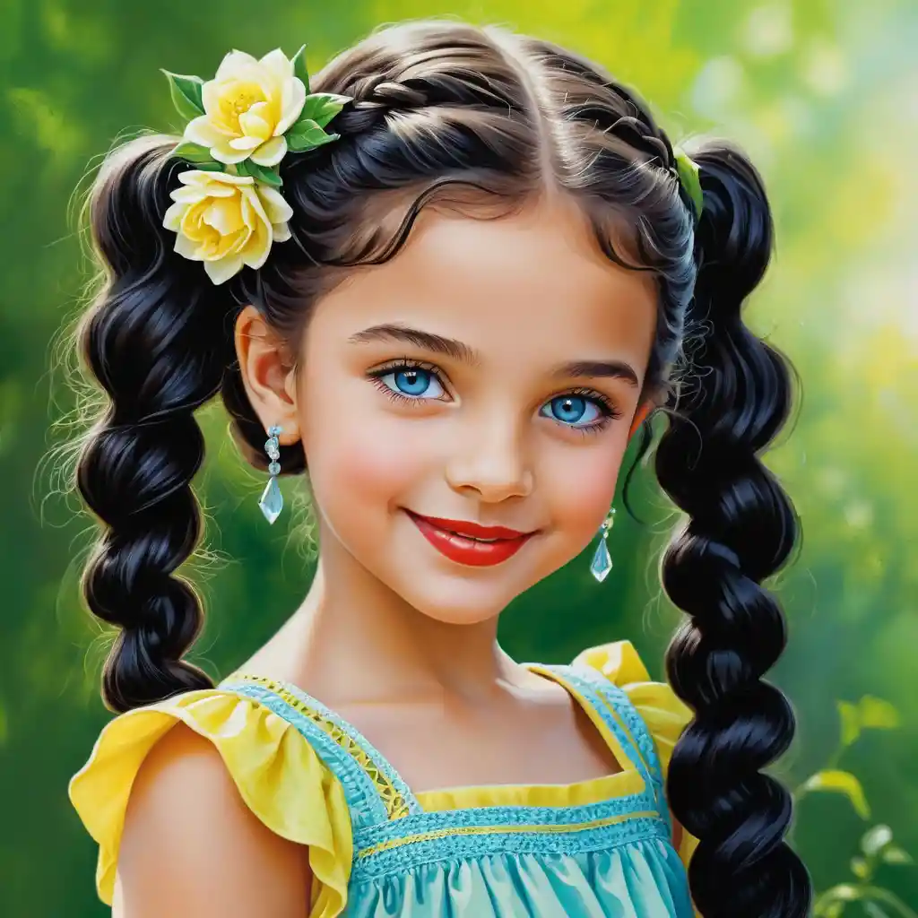 Smiling girl in green dress with long curly braided hair