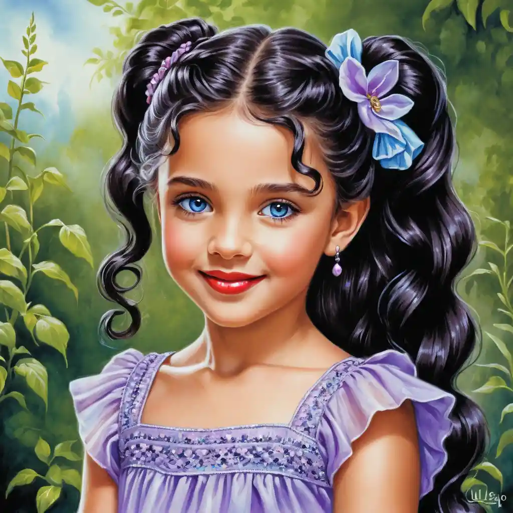Smiling Girl With Curly Black Hair In Lavender Summer Dress