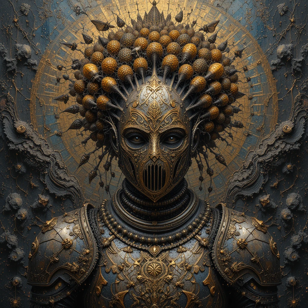 Armure de chevalier couronnée de ruches en mosaïque abstraite