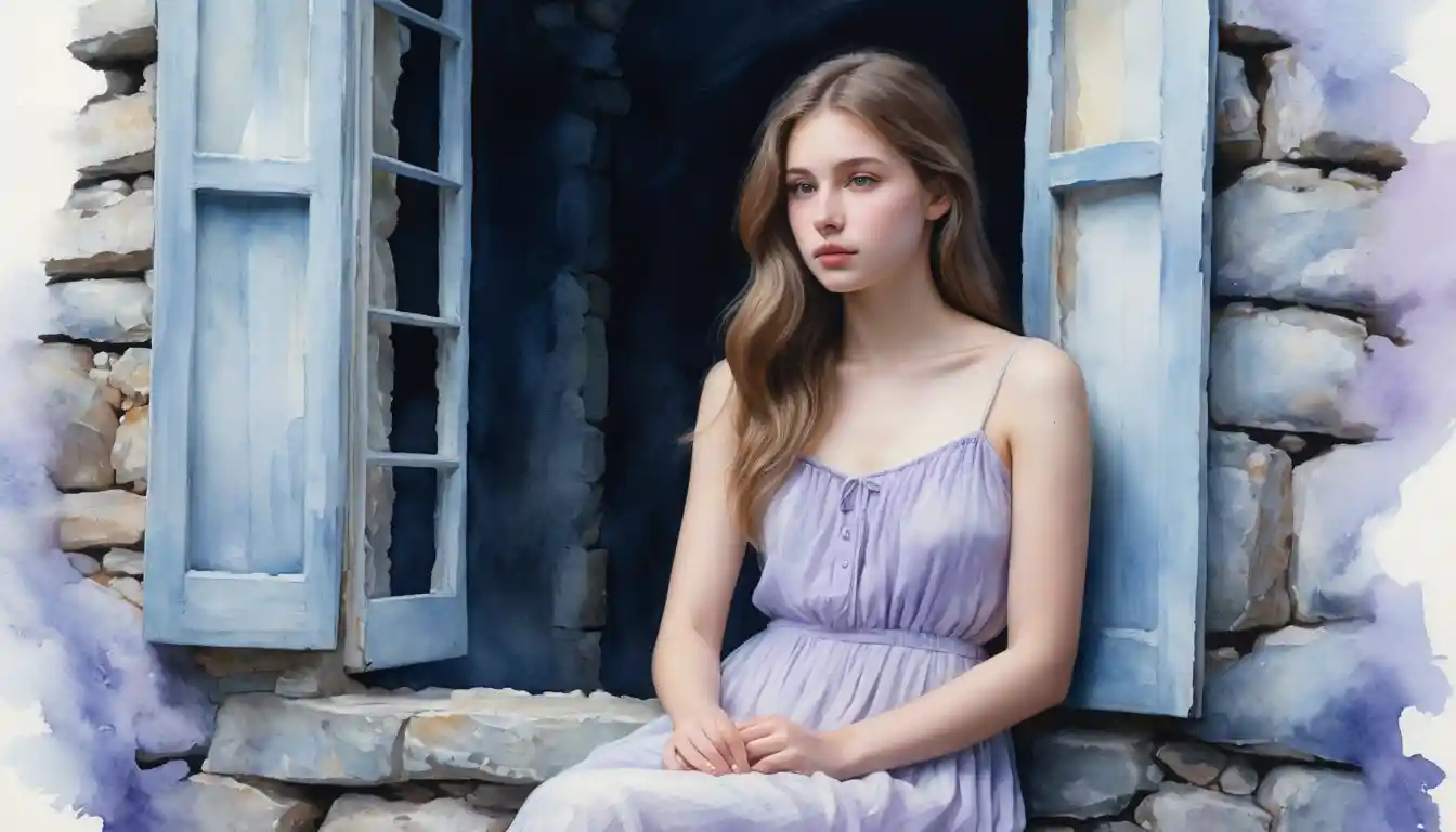 Watercolor girl by cottage window in soft moonlight